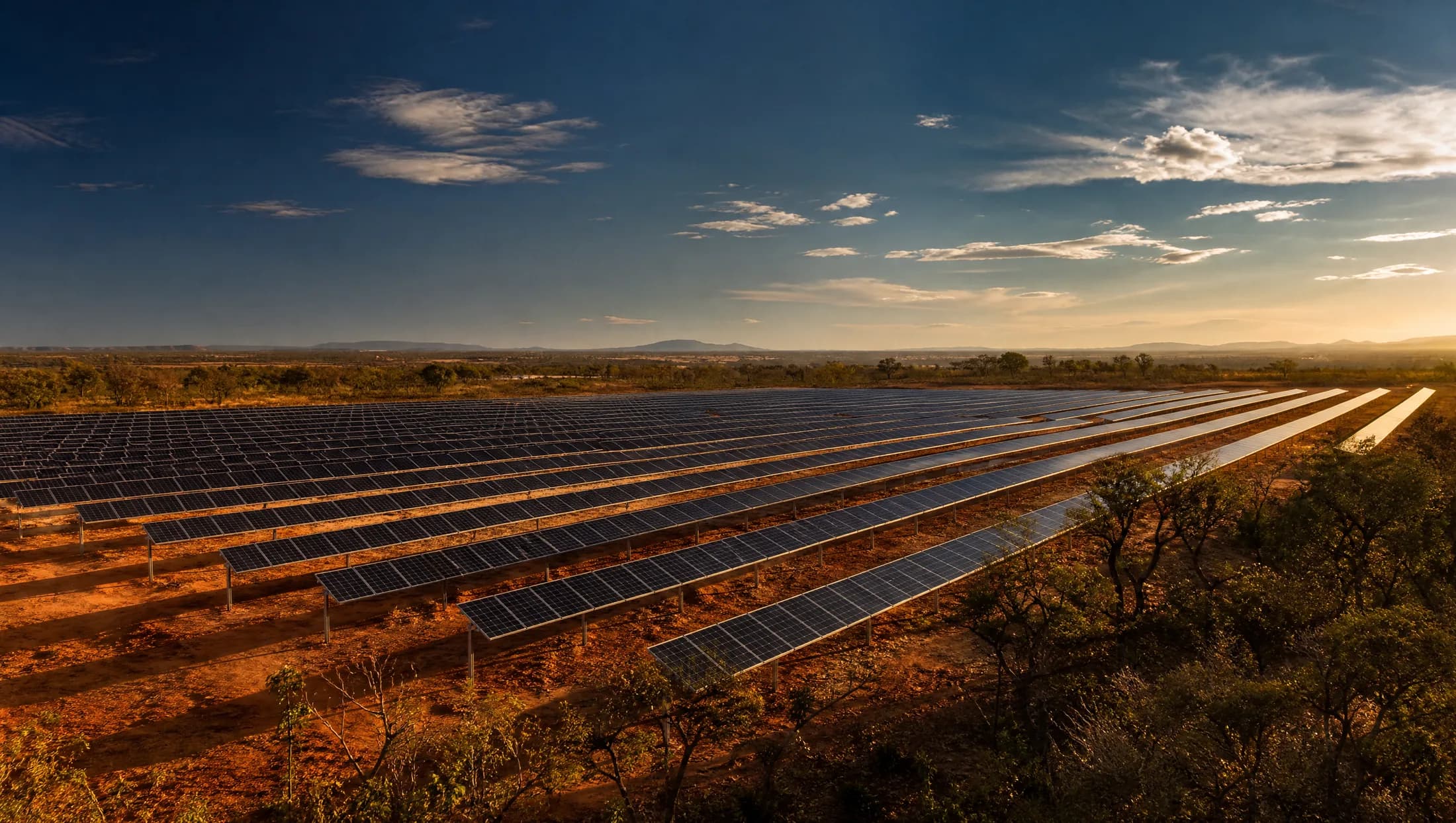 Usina solar de solo no cerrado mato-grossense ao fim da tarde
